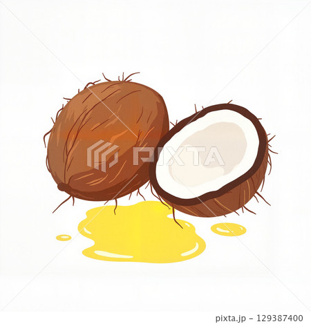 Coconut halves revealing white flesh and golden oil, tropical appeal 129387400