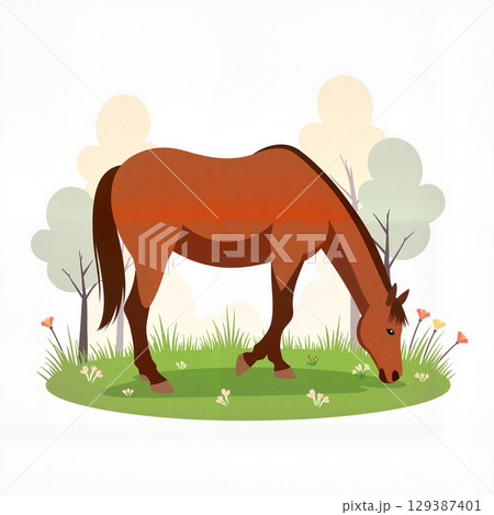 Graceful horse grazing in a meadow, tranquility of nature 129387401