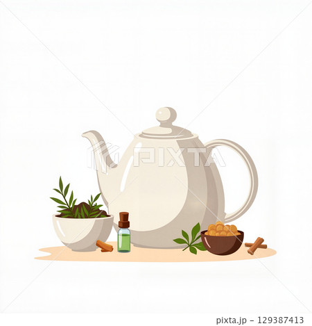 Elegant herbal tea pot set with spa essentials on white background, relaxation 129387413