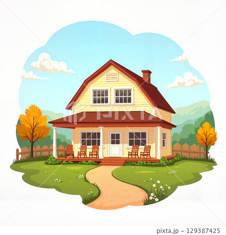 Inviting farmhouse with porch surrounded by nature, cozy living Inviting farmhouse with porch surrounded by nature, cozy living 129387425