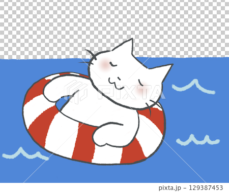 一隻貓在游泳圈上漂浮在海裡。 129387453