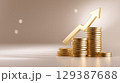 Coins stack upward to form an arrow representing financial success and capital increase. Clean neutral gradient backdrop enhances focus. Concept of finance, investment, wealth management. 129387688