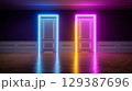 Two glowing doors shine brightly in a dark hallway, representing binary choices and uncertain future. Concept of decision making, personal growth, visual storytelling in design spaces. 129387696