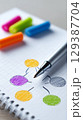 Brightly colored markers and pen positioned next to hand-drawn sketches on a grid notepad. Ideal setting for brainstorming sessions, creative workshops, and educational planning. 129387704