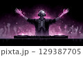 Skeleton DJ mixes tracks at lively party, hands raised to audience with vibrant purple lighting. Energetic environment creates thrilling vibe. Concept of nightlife, entertainment, music events. 129387705