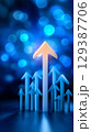 Glowing upward arrow formed by smaller arrows signifies unified growth and team success. Blue gradient lighting creates dynamic corporate environment. 129387706