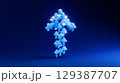 Glowing upward arrow created from smaller arrows signifies collective growth and teamwork. Vibrant blue gradient lighting enhances corporate theme. 129387707