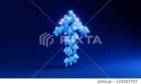 Glowing upward arrow created from smaller arrows signifies collective growth and teamwork. Vibrant blue gradient lighting enhances corporate theme. 129387707