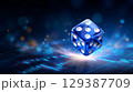 Blue dice hover mid-air above colorful financial charts, symbolizing high-stakes risk and uncertainty. Illustrative style conveys dynamic motion and sharp detail. 129387709