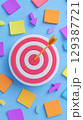 Colorful bullseye with arrow hitting center surrounded by various geometric shapes. Bright blue backdrop enhances focus on target. Concept of marketing, goal setting, strategy. 129387721