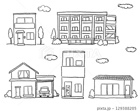 家、マンション、住宅、、建物、(平屋、一戸建て、マンション)、線画 家、マンション、住宅、、建物、(平屋、一戸建て、マンション)、線画 129388205