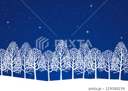 雪原と木立が広がる冬の夜空の風景｜冬, 夜空, 雪, 木立, 星空, 自然, 森, 静けさ, シンプ 129388234