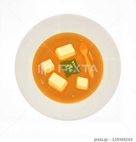 Bowl of miso soup with tofu and seaweed on white background, simplicity 129388283