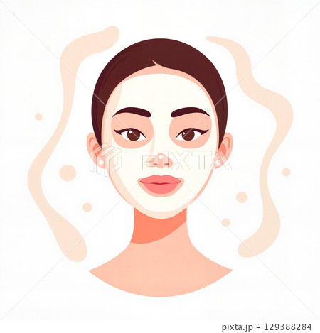 Relaxed woman with sheet mask applying skincare, soothing self-care 129388284