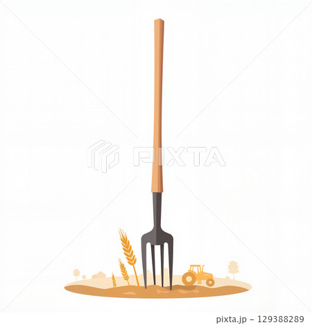 Farm pitchfork resting on soil with wheat, agricultural symbolism 129388289