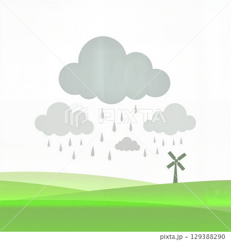 Fluffy rain clouds gently showering green fields, tranquil nature scene Fluffy rain clouds gently showering green fields, tranquil nature scene 129388290