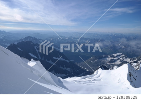Tranquil Lake With Lush Green Forest, Snow-Capped Mountain, Blue Sky And White Clouds Tranquil Lake With Lush Green Forest, Snow-Capped Mountain, Blue Sky And White Clouds 129388329