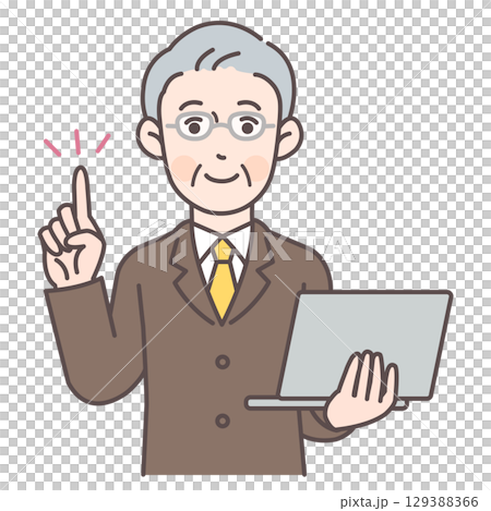 パソコンを持ちながら指差しするビジネスマン3 129388366