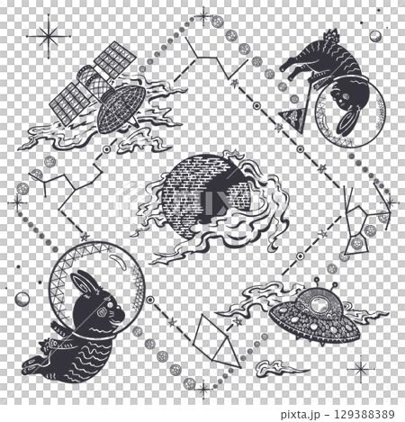 Minimal Line Art Space Illustration with Dark Gray Astronaut Rabbits, Moon, Smoke Clouds, Satellites, UFOs, and Constellations on Transparent Background 129388389