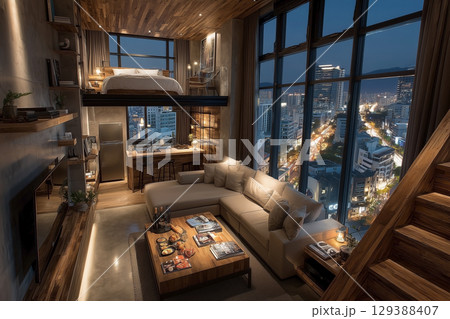 夜景が見えるロフトのある高級マンションのリビング 夜景が見えるロフトのある高級マンションのリビング 129388407