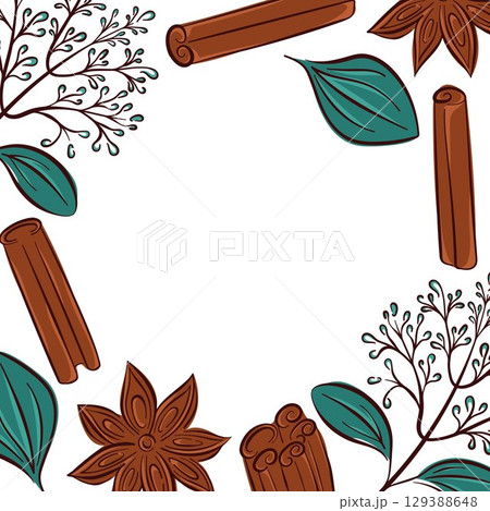 Border frame with cinnamon stick, star anise, leaves and branches in flat style. Perfect for flyer spice store, package label and culinary book design. 129388648