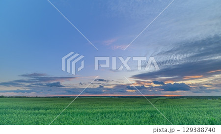 A Serene and Beautiful Sunset Over the Expansive, Lush Green Fields of the Countryside 129388740