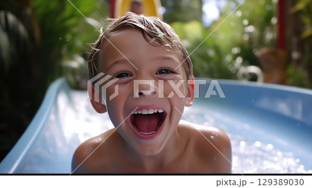 Portrait of a happy little boy in pool. The boy swims in the pool after going down the water slide in summer 129389030