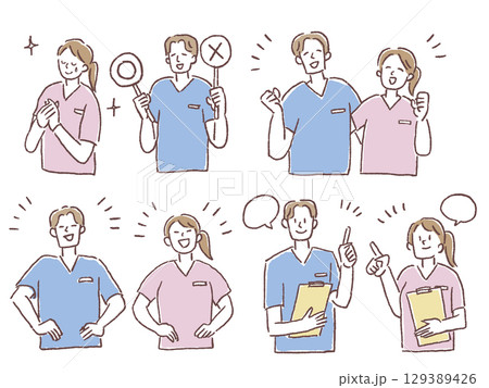 介護、福祉系のお仕事（スクラブを着た男女） 129389426