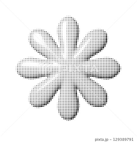 Abstract 3D flower shape in halftone style. Glossy rounded petals, radial symmetry and pop-art texture. Vector design isolated on transparent background. Abstract 3D flower shape in halftone style. Glossy rounded petals, radial symmetry and pop-art texture. Vector design isolated on transparent background. 129389791