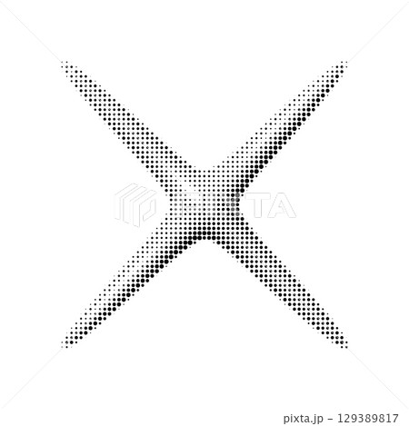 Vector 3D cancel icon in halftone style. Dimensional black cross symbol with volume and shadow. Isolated on transparent background. Modern pop-art dot texture. 129389817