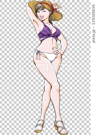 Young woman in swimsuit striking a sexy pose _ full body straw sandals 129389839