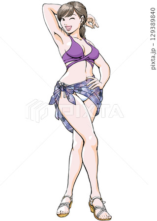セクシーなポーズを決める水着姿の若い女性_全身サンダルパレオ セクシーなポーズを決める水着姿の若い女性_全身サンダルパレオ 129389840