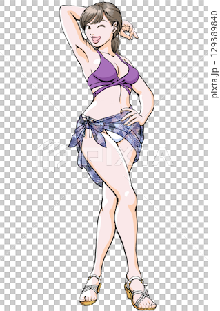 セクシーなポーズを決める水着姿の若い女性_全身サンダルパレオ セクシーなポーズを決める水着姿の若い女性_全身サンダルパレオ 129389840