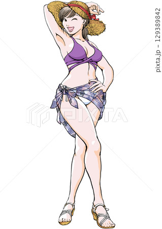 セクシーなポーズを決める水着姿の若い女性_全身麦わらサンダルパレオ セクシーなポーズを決める水着姿の若い女性_全身麦わらサンダルパレオ 129389842