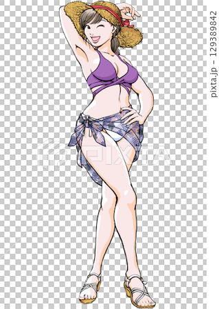 セクシーなポーズを決める水着姿の若い女性_全身麦わらサンダルパレオ セクシーなポーズを決める水着姿の若い女性_全身麦わらサンダルパレオ 129389842