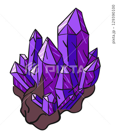 Amethyst crystal cluster illustration with sharp facets and rich purple color, hand drawn vector image 129390100