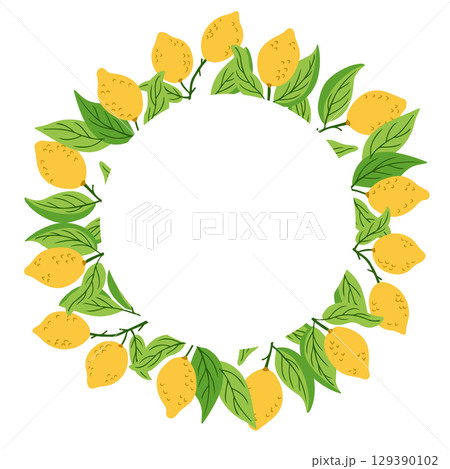 Lemon wreath illustration with fresh yellow fruits and green leaves, hand drawn vector image 129390102