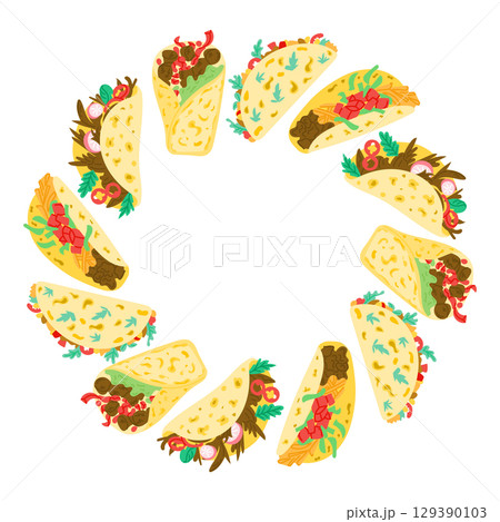Taco wreath illustration with assorted fillings and colorful toppings, hand drawn vector image, 129390103