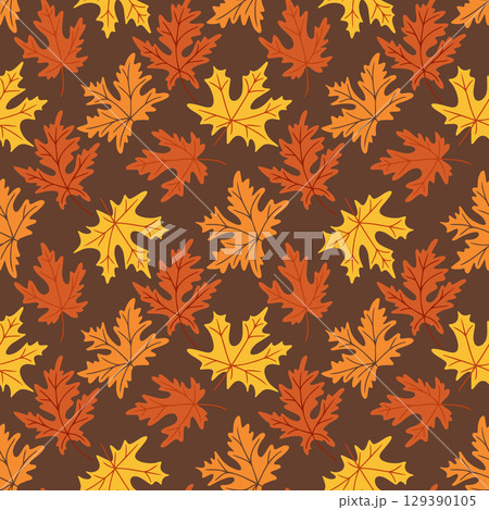 Seamless pattern with colorful autumn maple leaves on a dark background, hand drawn vector image 129390105