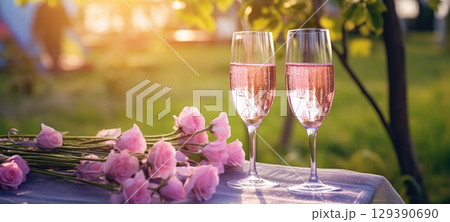 champagne picnic date in the park with pink purple flowers, ai champagne picnic date in the park with pink purple flowers, ai 129390690