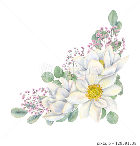 White lotus flower heads, pink gypsophila branch and eucalyptus leaves watercolor template on isolated background. Water lilies, baby breath plant, leaves illustration. For wedding invitation, cards. 129391539