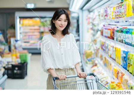 スーパーで買い物する笑顔の若い女性。買い物中の主婦 スーパーで買い物する笑顔の若い女性。買い物中の主婦 129391546