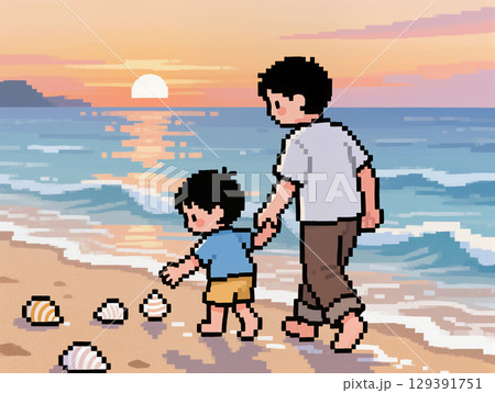 海の砂浜で手をつなぐ親子のイラスト 海の砂浜で手をつなぐ親子のイラスト 129391751