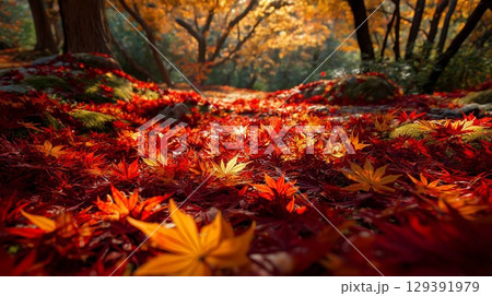 紅葉の絨毯、地面を埋め尽くす赤いモミジの落ち葉 129391979