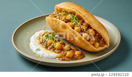 Chickpea curry sandwich with microgreens and yogurt sauce served on ceramic plate 129392110