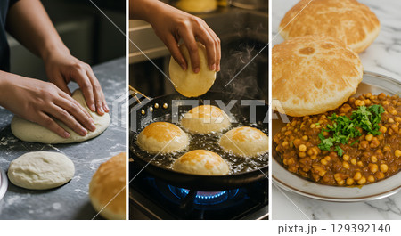 Kneading dough, frying puris, and serving with chickpea curry create delightful meal 129392140