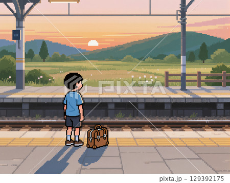 夕暮れのホームで電車待つ男の子 129392175