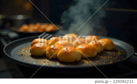 Freshly baked golden bread rolls steaming on hot pan, showcasing warm and appetizing scene of homemade bakery with soft texture and crispy crust 129392211
