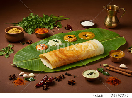 Delicious dosa served with colorful chutneys and spices on banana leaf 129392227