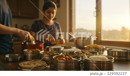 woman prepares delicious meal in cozy kitchen, enjoying cooking process 129392237
